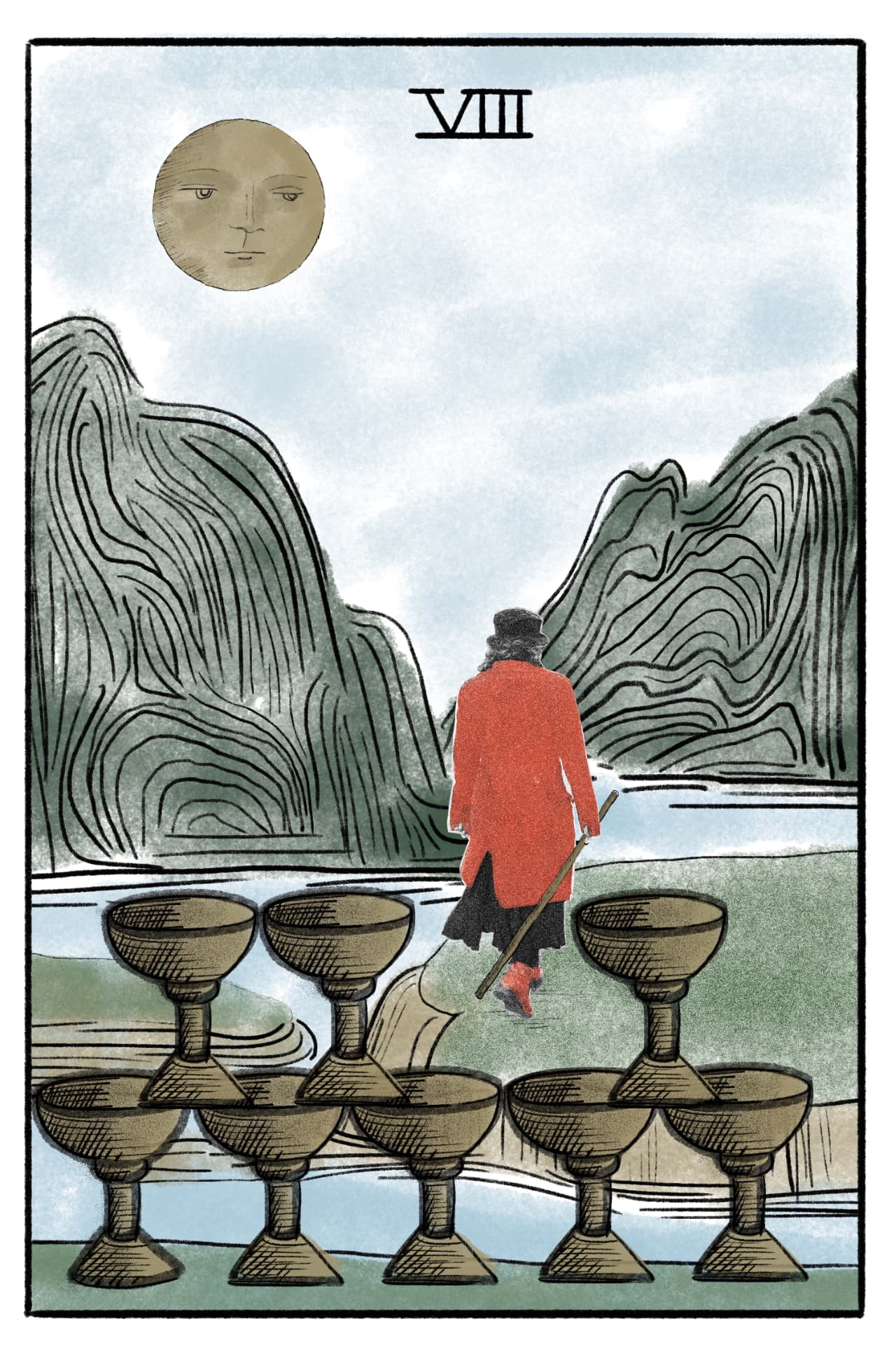 The 8 of Cups — a figure in a red coat walking away from eight standing cups towards the mountains under a full moon
