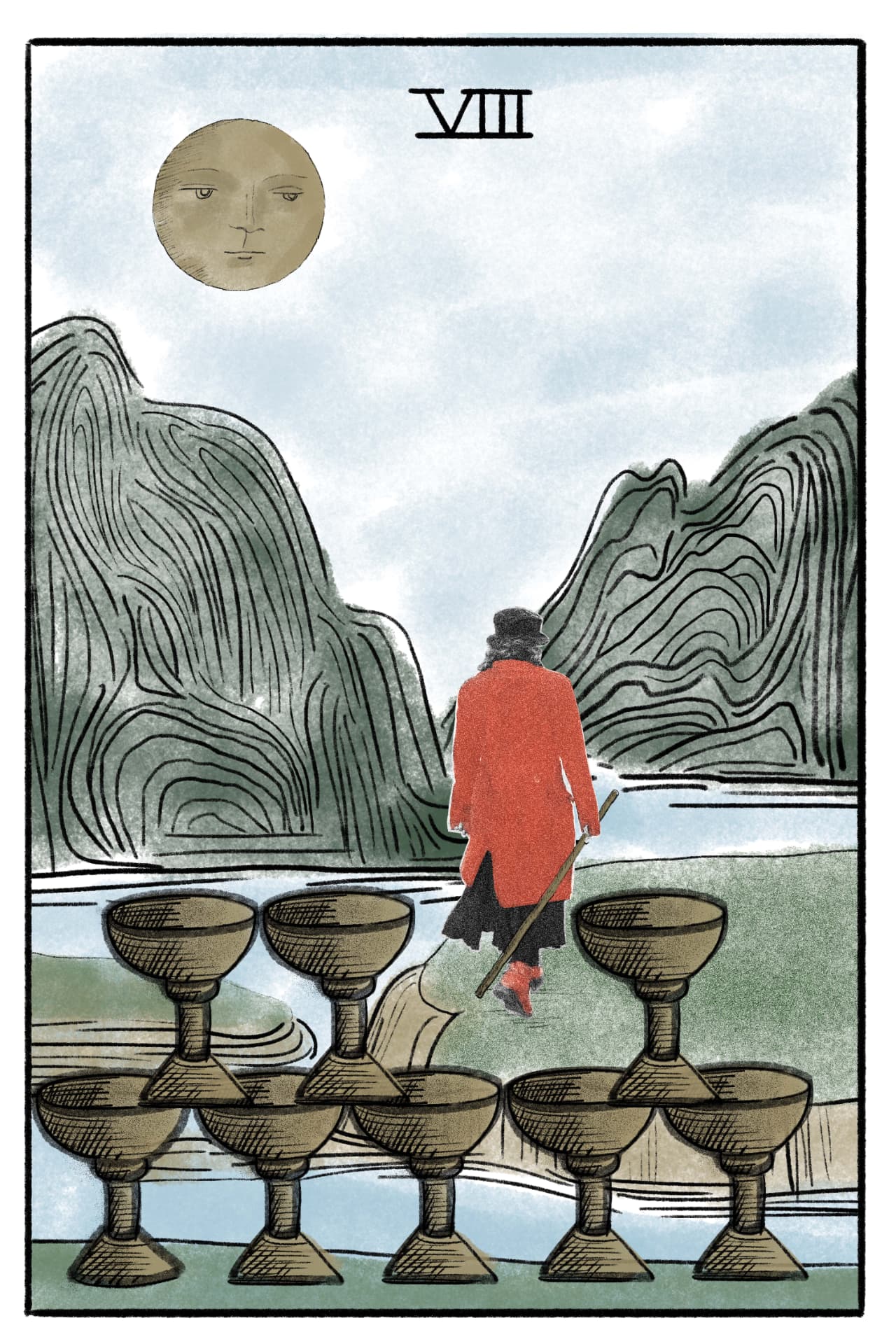 The 8 of Cups — a figure in a red coat walking away from eight standing cups towards the mountains under a full moon